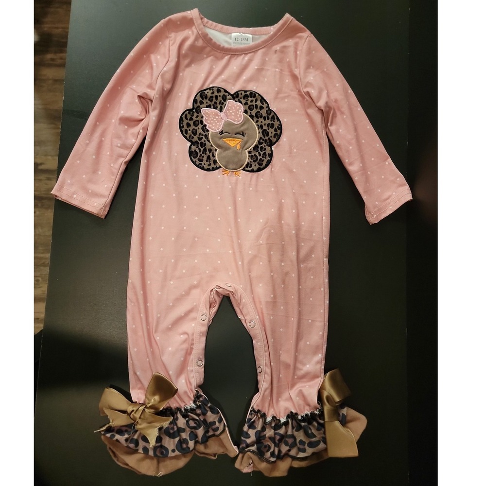 Baby Girls Thanksgiving Turkey Leopard Print Pink Polka Dot Romper 12-18M‎